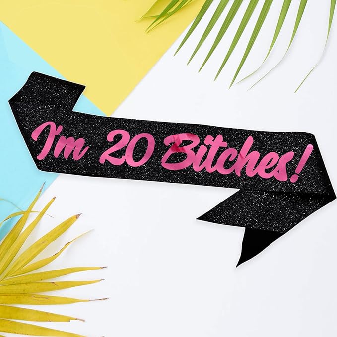 Birthday Sash, I'm 20 Bitches Pink Foil Letter Glitter Black 20th Birthday Sash for Girl 20th Funny Bday Gifts Party Favors Photo Prop