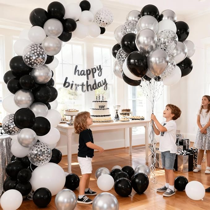 Zesliwy Black Silver Balloons Set,50pcs 12inch Metallic Silver Black White Pearl Silver Balloon with Confetti Latex Balloons for Birthday Wedding Graduation Anniversary Party Decorations