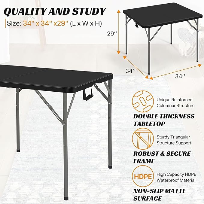 34 Inch Square Folding Card Table - Heavy Duty HDPE Plastic, Fold-in-Half Design with Carry Handle. Indoor Outdoor Portable Utility Table for Picnic, Camping, Party, Dining & Tailgating (Black) ﻿
