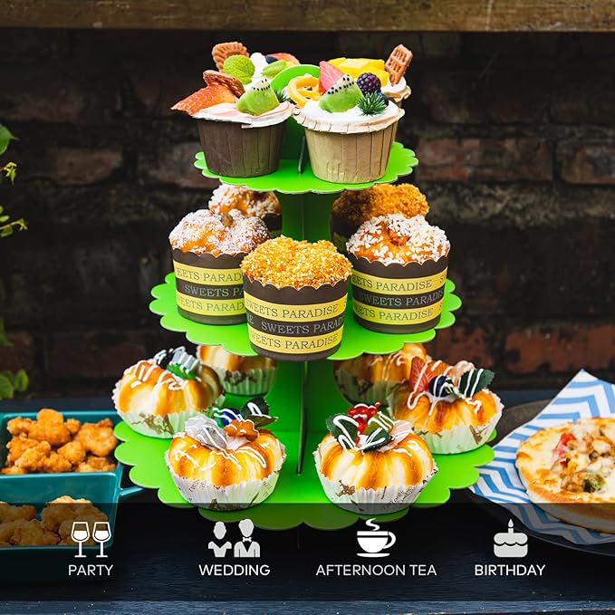 2 Pack 3-Tier Cupcake Stand,Green Cardboard Dessert Display Tower Holds 24 Cupcakes,for Birthdays & Theme Parties Supplies Decor