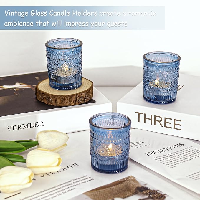 12 Pcs Blue Glass Votive Candle Holders, Tealight Candle Holders for Table Centerpieces, Vintage Candle Holder Bulk, Boho Wedding, Home, Bridal Shower, Birthday Party Table Decor (Blue)