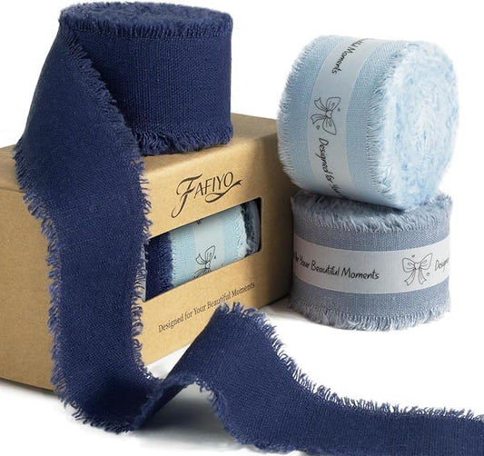 Dark Blue Cotton Ribbon 1-1/2 Inch Navy Blue, Dusty Blue & Baby Blue 3 Rolls 21 Yards Frayed Edge Fabric Set for Formal Wedding Decor, Graduation Party, Father's Day, Gift Wrapping & DIY Crafts