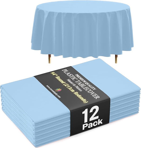 Exquisite 66% Thicker Premium Light Blue Round Tablecloth 0.5 Mil 12 Pack Plastic Table Cloth Disposable 84 Inch Round Plastic Tablecloth Won't Tear Easily Like Cheap Thin Brands