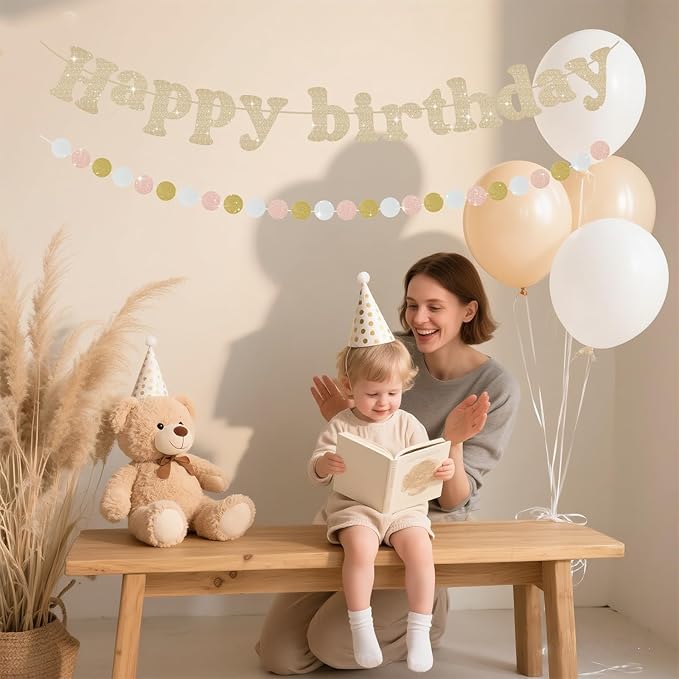 Champagne Gold Happy Birthday Banner, Pre-Strung Happy Birthday Sign, Glitter Birthday Party Supplies with Circle for Party Door Wall Mantle Hanging Sign Backdrop Decorations