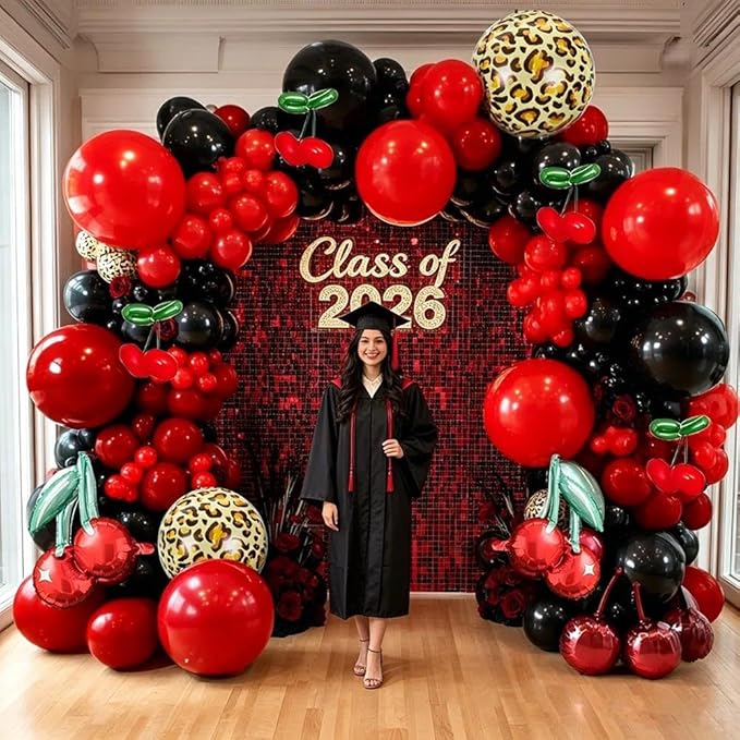 Red Black Balloon Arch Kit Double Stuffed Burgundy Black Maroon Balloon Garland Cherry Cheetah Print Balloons for Birthday Bridal Baby Shower Bachelorette Graduation Party Decorations
