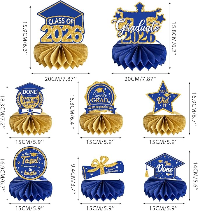 Graduation Decorations Class of 2026 Blue Congrats Grad Honeycomb Centerpieces Congratulate Graduation Table Toppers for Graduation Party Supplies (Blue Gold)
