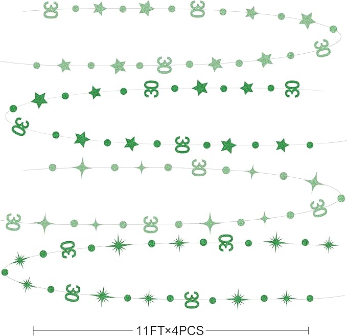 Green 30th Birthday Decorations Number 30 Circle Dot Star Garland Glitter Streamer Banner Backdrop for Women Men Dirty Thirty Cheers to 30 Years Old Birthday 30th Anniversary Party Supplies