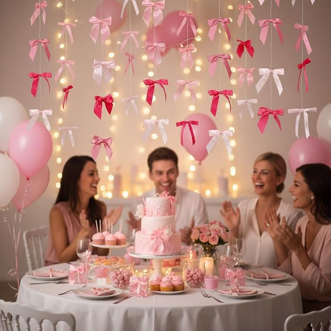 Taobary 8 Pcs 6.6 ft Bow Garland, Satin Ribbon Bow Banner Coquette Hanging Ornament for Photo Backdrop Birthday Party Wedding Bridal Baby Shower Wall Decorations(Bright Pink,Mix Size)