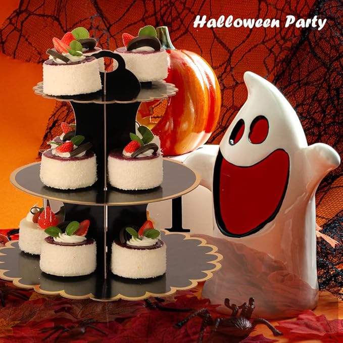 MRPAPA 2Pack Cardboard Cupcake Stand , 3 Tier Dessert Tray, Disposable Paper Mini Cake holder Environment Firendly 3-Tiered Cupcake Tower Tray Table Halloween Decorations (Black)