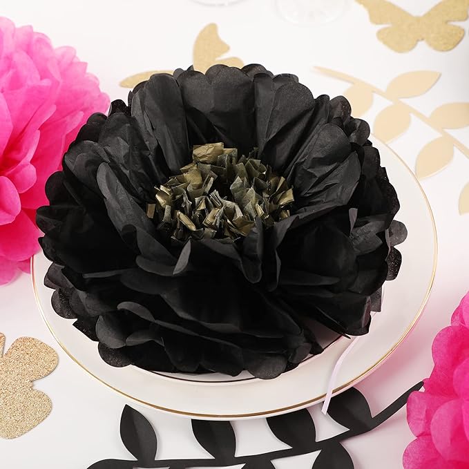 Fonder Mols Tissue Paper Chrysanth Flowers with Butterfly and Olive Leaves for Wedding Baby Shower Nursery Room Parties & Events Decorations Pom Poms (Black, Hot Pink)