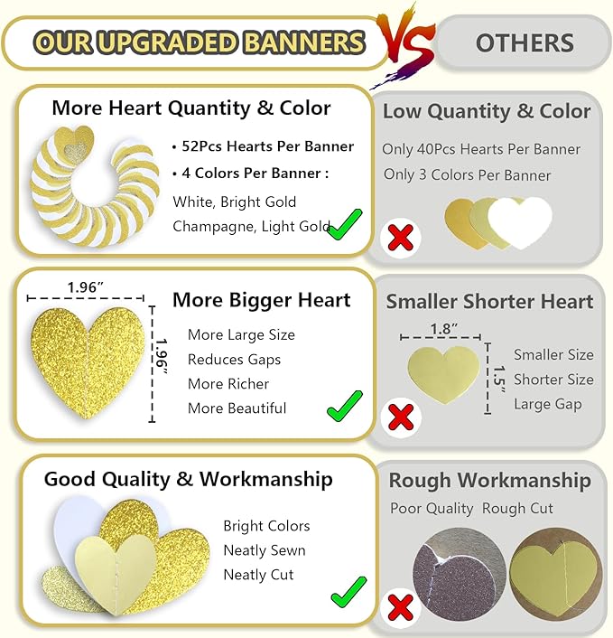 Gold-White Heart-Garland Streamers Engagement-Birthday Party-Decorations - 52Ft Glitter Champagne Hanging Banner Decor Wedding Congratulations Bachelorette Bridal Baby Shower Garsellen