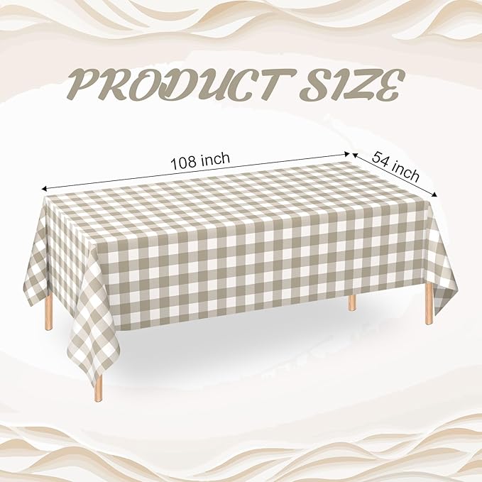 WNINK 6 Pack Brown Checkered Rectangular Plastic Tablecloths, Brown and White Gingham Waterproof Disposable Table Covers 54" x 108" for Birthday, Baby Shower, Wedding, Outdoor Picnic Parties