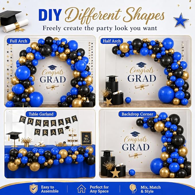 Black Blue Balloon Arch Kit, Black and Dark Blue Balloon Garland with Gold Latex Balloons, Black Blue Gold Balloon Arch Garland for Birthday, Baby Shower, Wedding, Anniversary Party Decorations