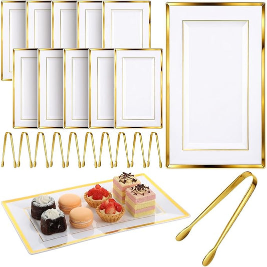 10 Pack White & Gold Plastic Serving Trays with 10 Stainless Steel Tongs - Elegant Disposable Platters for Parties, Weddings, Desserts