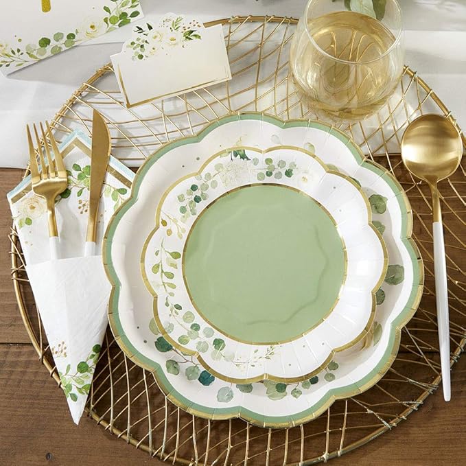 Kate Aspen Sage Green Party Decorations, Eucalyptus Floral Print 7 in. Decorative Premium Paper Plates (350 GSM weight -Set of 16) - Perfect for Greenery Baby Shower & Bridal Showers
