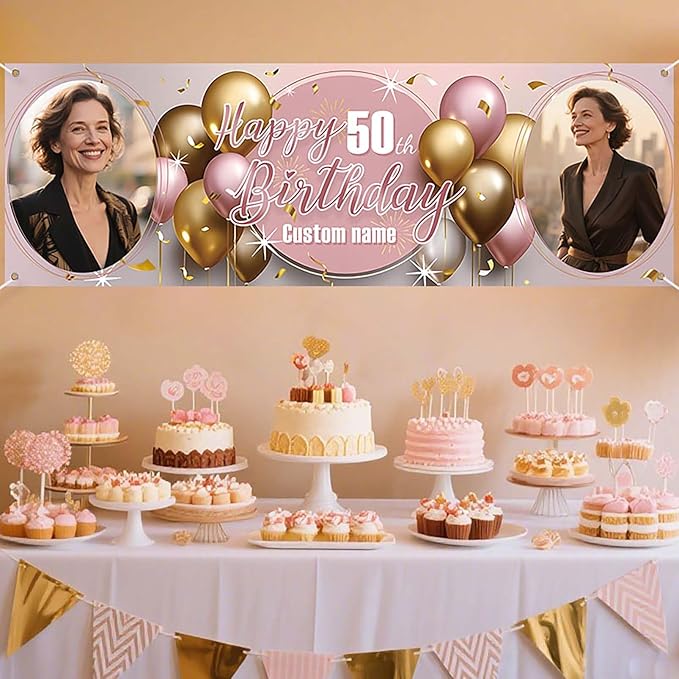 Dicodes Personalized Happy Birthday Banner with Name Custom Photos Birthday Photography Background Decorations Party Supplies for Women Men (Rose Pink-2 Photo)