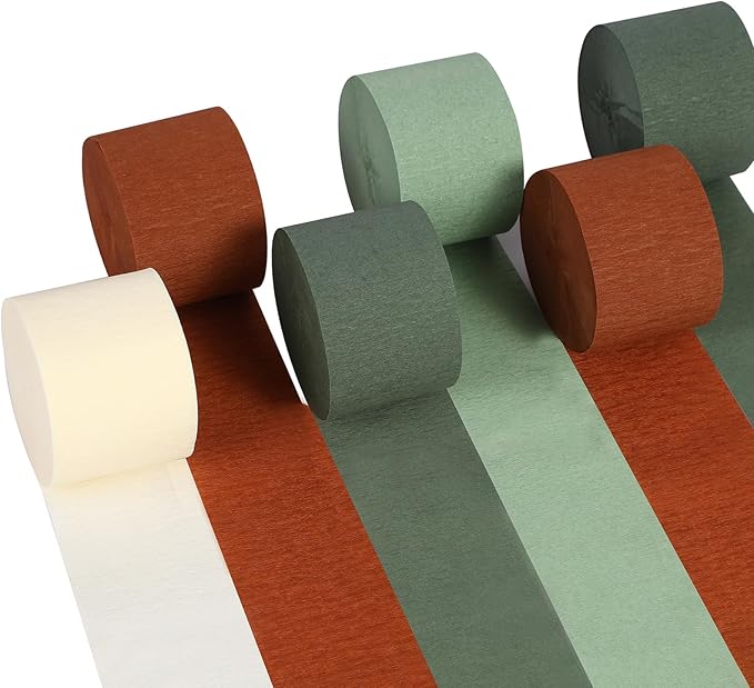 Suaxova Green and Orange Crepe Paper Streamers 6 Rolls 492ft, Pack of Sage Green Burnt Orange Ivory Theme Party Streamers for Party Decorations, Birthday, Wedding, Baby Shower, Graduation, Christmas