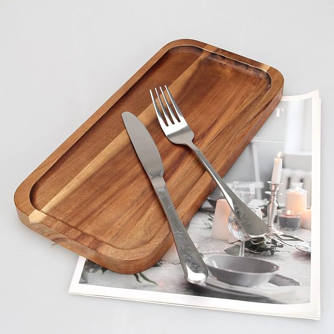2 Pcs Rectangular Wooden Platters for Food Party Decorative Small Serving Tray Long Charcuterie Board Acacia Wood Trays Home Decor Cheese Board Rectangle Cake Dessert Plates Snack Appetizer Platter