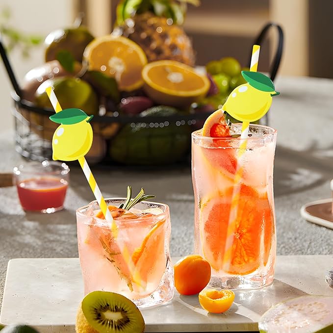 Lemonade Stand Paper Straws - 100PCS Fresh Lemonade Party Decorations Supplies, Lemon Drink Cocktail Striped Straw for Drinks, Birthday Decor for Summer Disposable (Yellow)