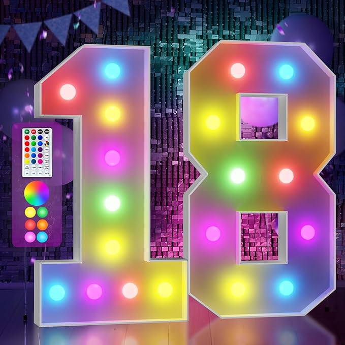 Marquee Numbers Colorful 18th Birthday Decoration: 4FT Large Light Up 18 Year Old Birthday Decorations Anniversary Backdrop Cardboard Sign 18 Colors Number 18 Mosaic Balloon Frame
