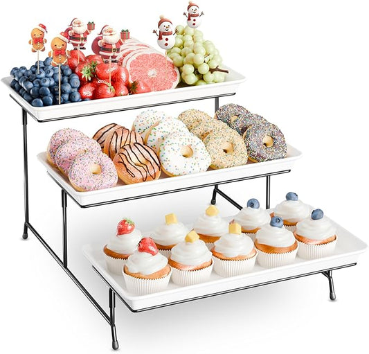 3-Tier Melamine Serving Tray Set, 14"x7" Platters for Serving Food, White Reusable Trays with Black Metal Display Stand for Cupcakes, Sevring Food, Dessert, Fruit, Cookie, Black