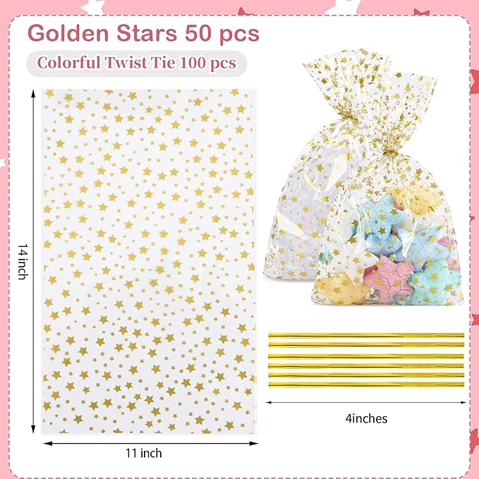 50 Pcs 11"x14" Clear Cellophane Treat Bags with 50 Twist Ties, Gold Cellophane Gift Bags, for Cookies, Candy, Bakery, Birthday, Wedding, Valentine's Day, Baby Shower & Holiday Party Favors