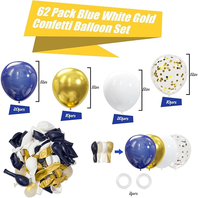 62pcs Gold Navy Blue Balloons Kit - 12 Inches Gold Blue Party Decoration Balloons for Graduation Baby Shower Birthday Graduation Party Decorations Favors