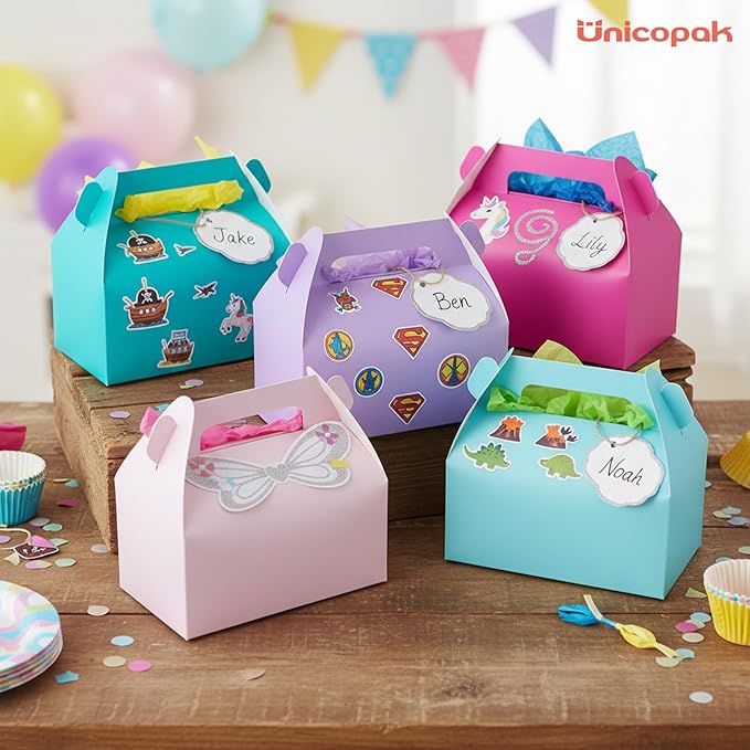UnicoPak 30 Pack Pastel Party Favor Bag Boxes, Gable Gift Boxes with Handles for Candies Treats Goodies Cookies, Ideal for Theme Birthday Party, Classroom Events, Valentine's Day, 6.5x3.5x3.5 Inches