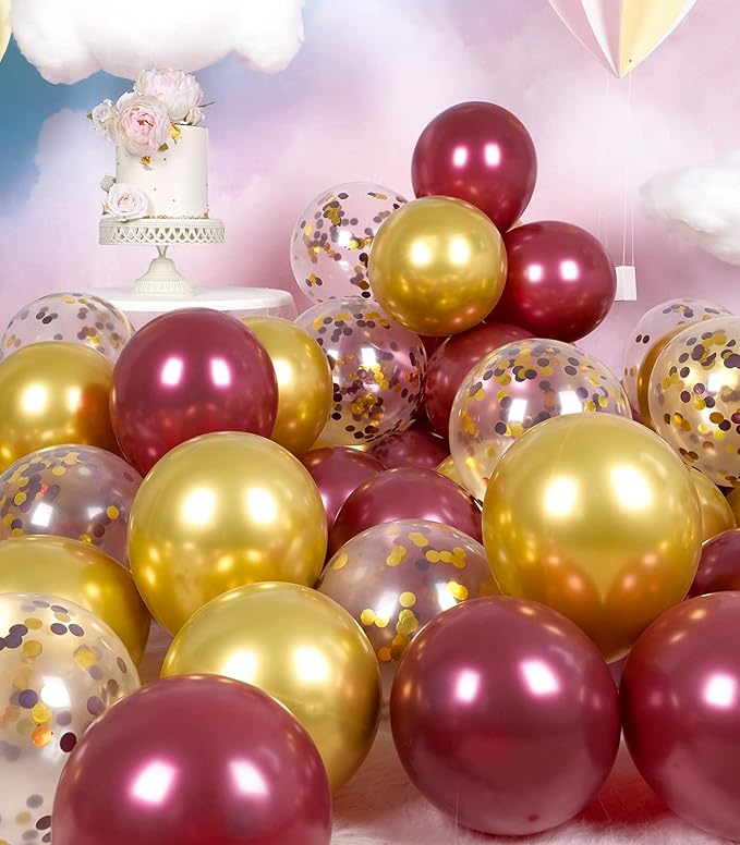 Metallic Burgundy and Gold Balloons 12 Inch 67PCS Gold Maroon Shiny Confetti Balloons Latex Helium Balloon Set for Graduation Wedding Birthday Party Decorations