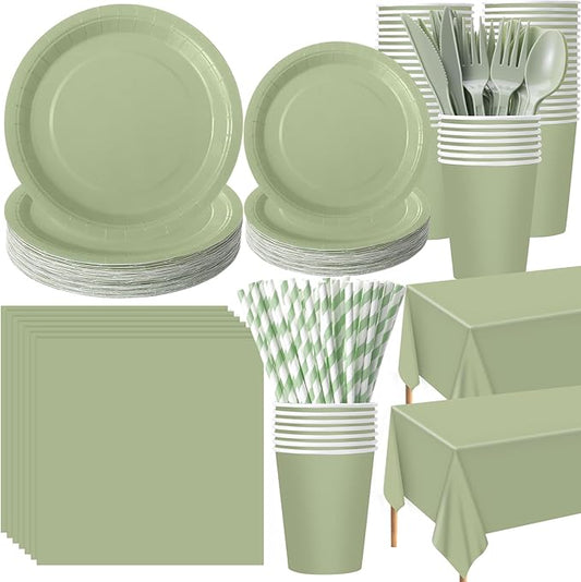 Funnymoom 452 Pcs Sage Green Party Supplies for 50, Sage Green Paper Plates Cups Napkins Tablecloth Cutlery Straws Tableware for Wedding Bridal Shower Birthday Baby Shower Party