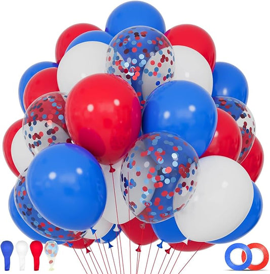 Red White Blue Latex Balloons 68 Pack, 12 Inch Patriotic Balloons with Confetti, Party Decorations for 4th of July, Independence Day, Graduation, Birthday, Air Helium Fill.
