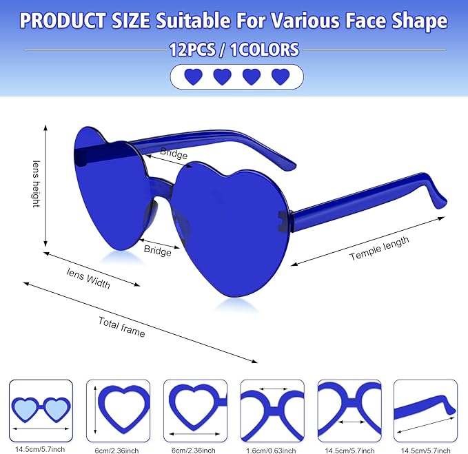 NACHLYNN 12 Pairs Navy Blue Heart Sunglasses for Women - Rimless Shaped Glasses for Party Favors