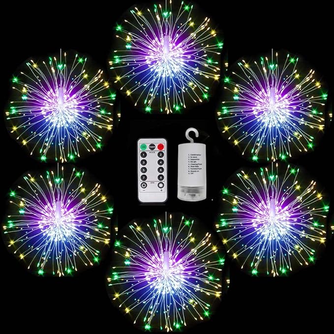 FOOING 6 Pack Firework Lights led Copper Wire Starbursts String Lights 8 Modes Battery Operated Fairy Lights with Remote,Decorative Hanging Lights for Party Patio Bedroom Christmas Decoration
