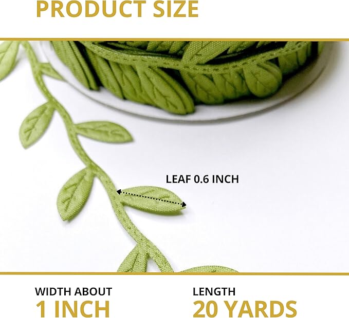 Leaf Ribbon 20 Yard Fabric Ribbons Roll Green Leaf Tape 1" Width Artificial Olive Trim Tape for Gift Wrapping Craft DIY