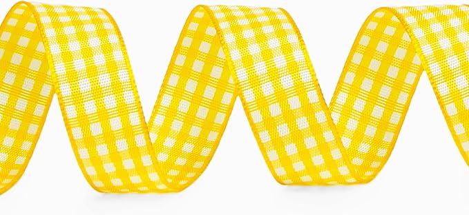 Ribbli Yellow and White Gingham Ribbon,100% Polyester Woven Edge,5/8 Inch x 10 Yard,Plaid Ribbon Use for Gift Wrapping,Floral Design,Hair Bows