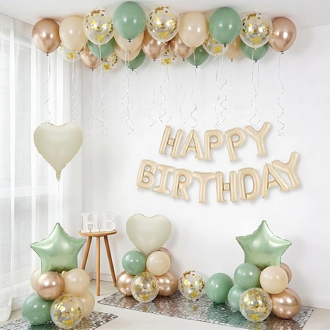 Sage Green Birthday Decorations for Men Women Boys Girls,Sage Green Beige Gold balloons Happy Birthday Balloons Banner Confetti Balloons for Birthday Baby Shower Party Decorations