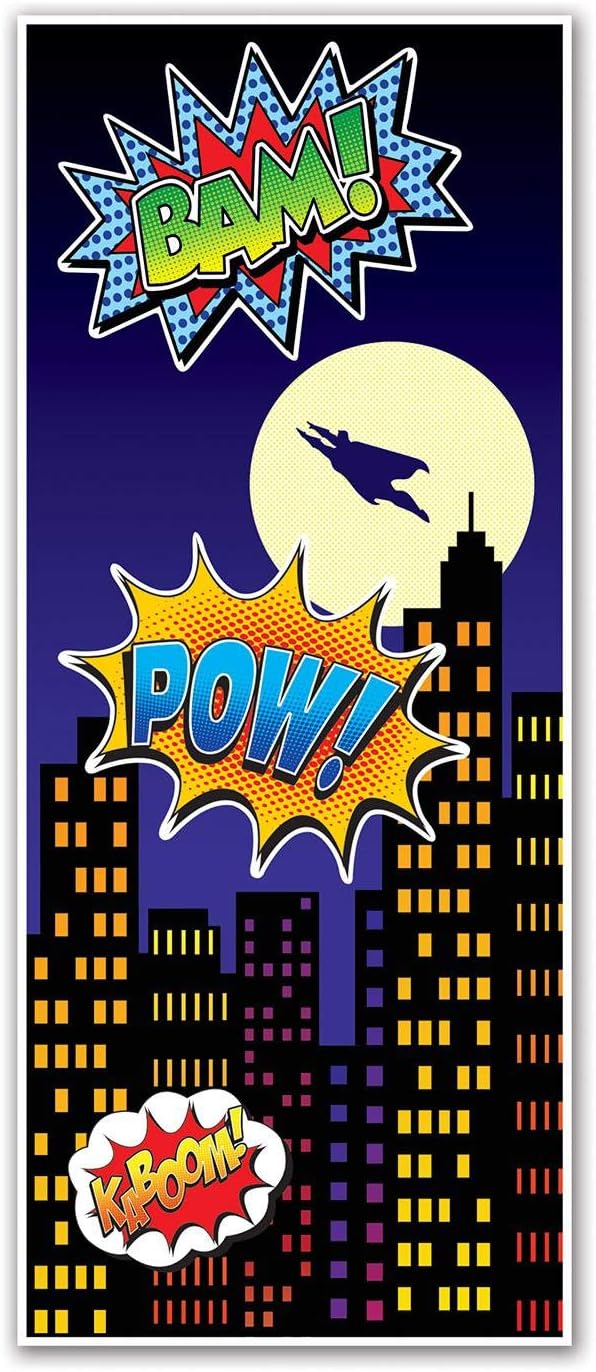 Beistle 2-Piece Hero Door Covers, Superhero Themed Party Decorations, Comic Book Hero Party Accessories, Action Hero Party Supplies, 30" x 6'