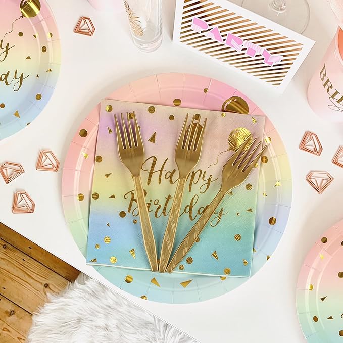 96PCS Happy Birthday Plates and Napkins Party Supplies, Colorful and Gold Disposable Paper Plates and Napkins with Forks Tableware Set for 24 Guests