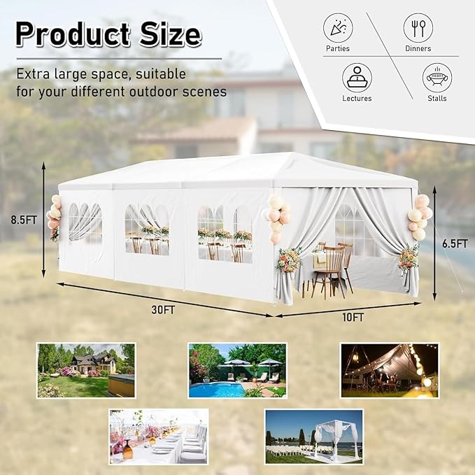 10x30 FT Party Tent, Outdoor Wedding Canopy Tents with Removable Sidewalls, for Parties, Canopy Event Tent Waterproof Gazebo Shelter for Birthday Parties, Weddings, BBQs & Events (7 Sides)