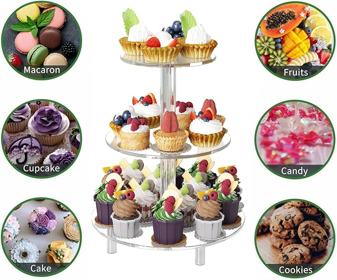 3 Tier Acrylic Cupcake Stand (6", 8", 10") with 4" Spacing - Clear Dessert Tower with Solid Rods - Stable Cake Display for Smash Cakes, Weddings & Party Decor (Clear)