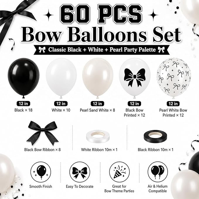 Bow Balloons, 60Pcs Black Bows Balloon, 12 Inch Latex Black and White Bow Printed Balloons with Cute Bows Ribbons for Women Girls Birthday Party Baby Shower Bridal Shower Bow Theme Party Decorations