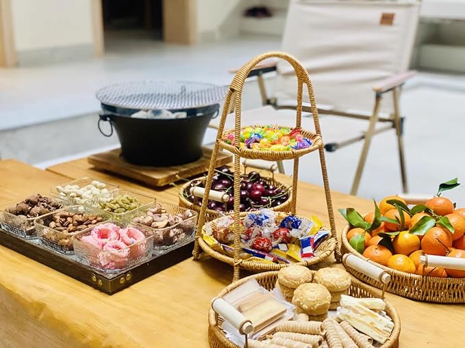 Landtom Two Tiered Rattan Serving Stand | Serving Tray for Party | Round Wooden Platter for Cupcakes, Fruits, Dessert, Tea, Dried Fruit, Candy Or Snack (Type A)