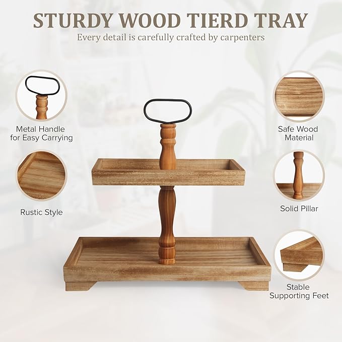 Rustic Wooden 2 Tiered Tray Stand, Farmhouse Tiered Serving Tray Decor, Rectangle Wood Display Stands for Food Fruits Cupcake and Seasonal Festive Decorations (Brown)