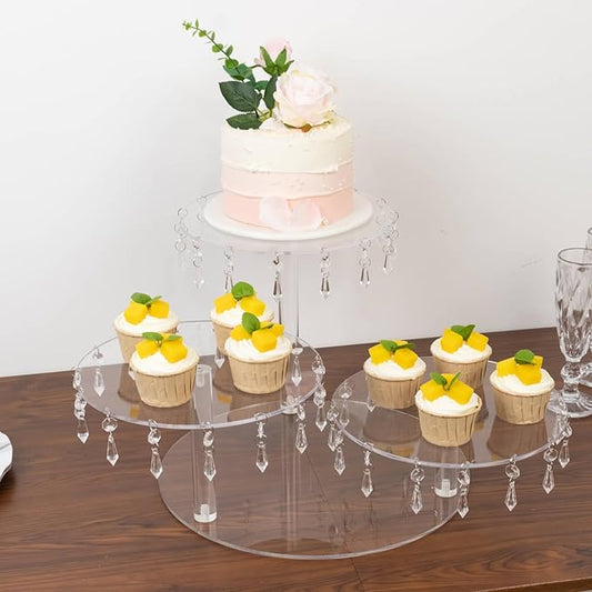 Efavormart 3-Tier Acrylic Cake Stand with Hanging Crystal Pendants – Clear Elegant Cupcake Tower for Dessert Display