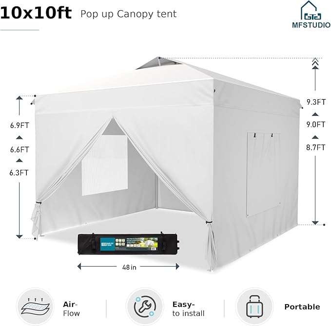 MFSTUDIO 10x10 Pop Up Canopy Tent with Removable Sidewalls, Outdoor Enclosed Instant Portable Shelter with Breathable Mesh Windows, One Person Setup, White