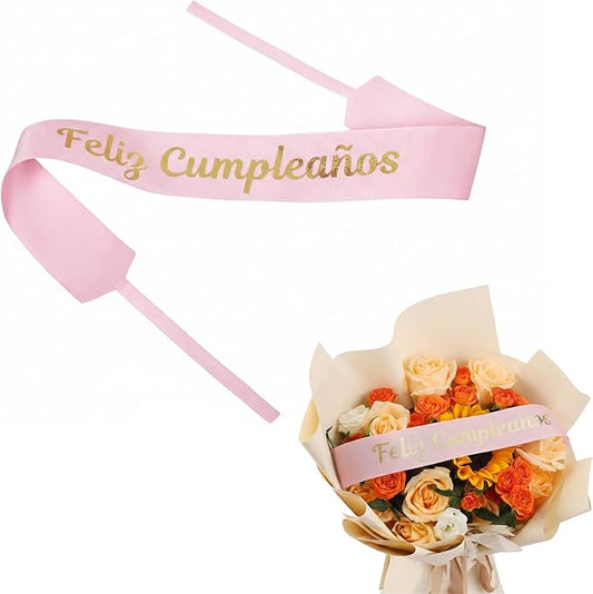 Set of 12 Bouquet Banner Grosgrain Ribbon Tie Wrap Printed Sash Florist Bulk Supply for Floral Arrangements (Pink - Feliz CUMPLEANOS)