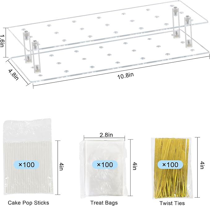 2 Pcs Cake Pop Stand, 21 Holes Cake Pop Holder with 300 Pcs Accessories, 2 Tier Clear Square Lollipop Holder for Birthday, Wedding, Party, Halloween, Candy Decorative