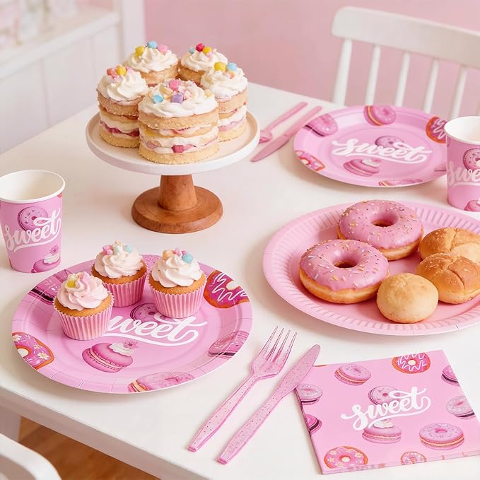 144Pcs Pink Donut Birthday Party Supplies Decorations Sweet Themed Paper Plates Napkins Vintage Party Tableware Disposable Dinnerware for Girl Kid Birthday Baby Shower Table Decor, Serve 24