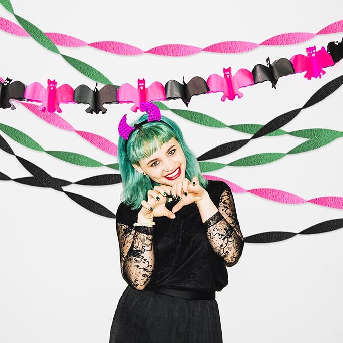 Pink Green & Black Crepe Paper Streamers Party Decorations for Birthday, Flamingo, Hip-Hop, Witch Themed Party etc. 9 Rolls