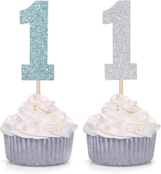 Pack of 24 Blue and Silver Glitter One Cupcake Toppers for Baby Boy First Birthday Party Picks Decorations